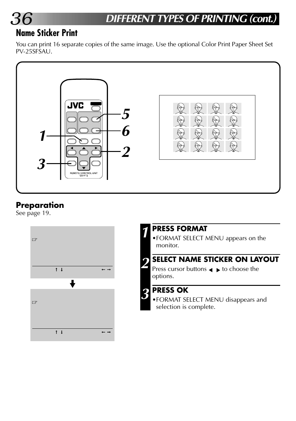 Different types of printing (cont.), Name sticker print, Preparation | JVC GV-PT2U User Manual | Page 36 / 76