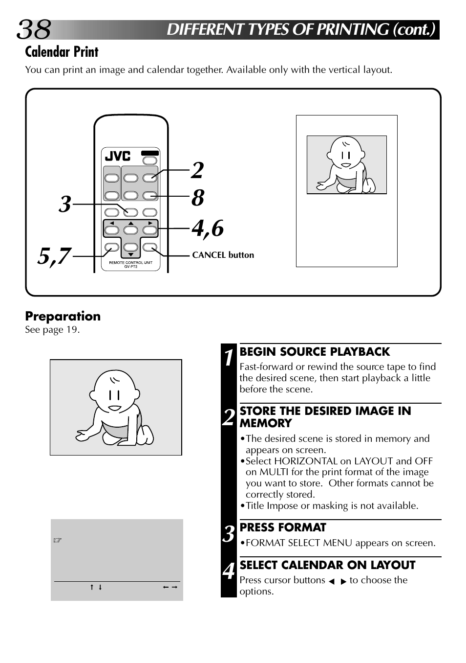 Different types of printing (cont.), Calendar print, Preparation | JVC GV-PT2U User Manual | Page 38 / 76