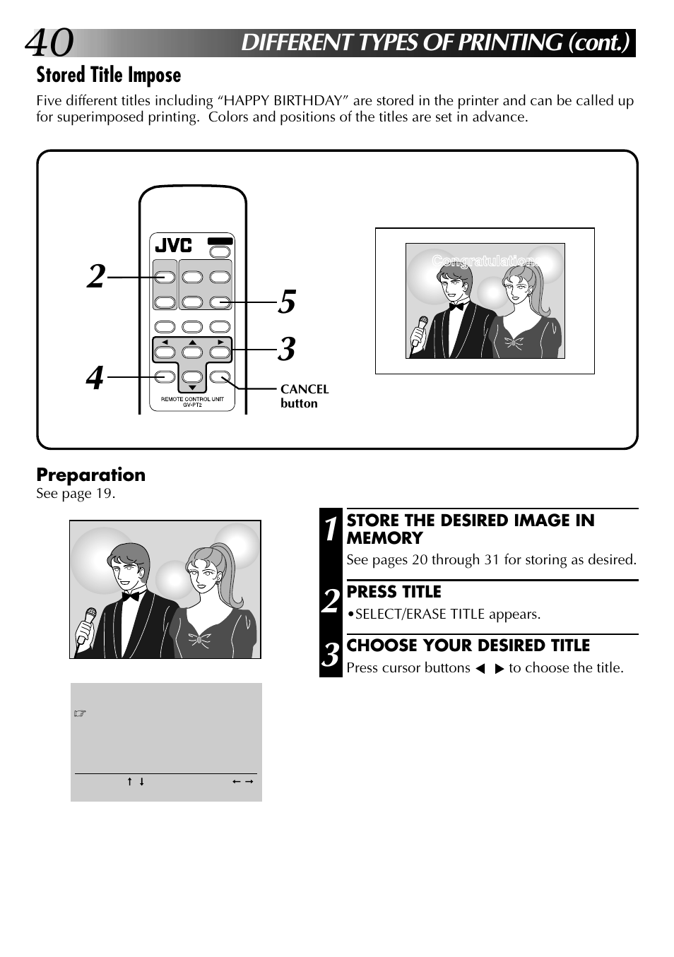 Different types of printing (cont.), Stored title impose | JVC GV-PT2U User Manual | Page 40 / 76
