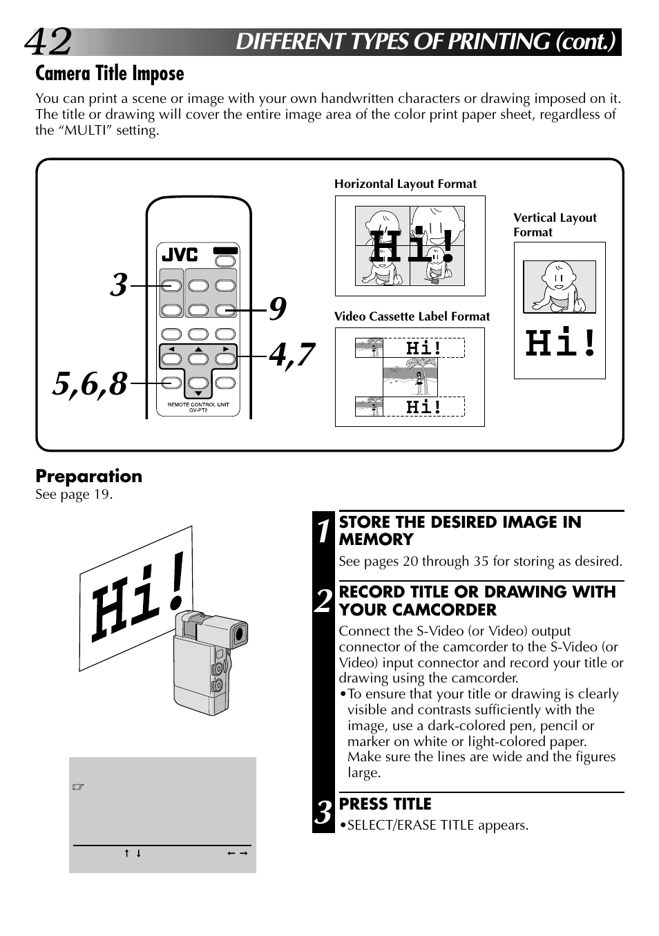 Different types of printing (cont.), Camera title impose, Preparation | JVC GV-PT2U User Manual | Page 42 / 76