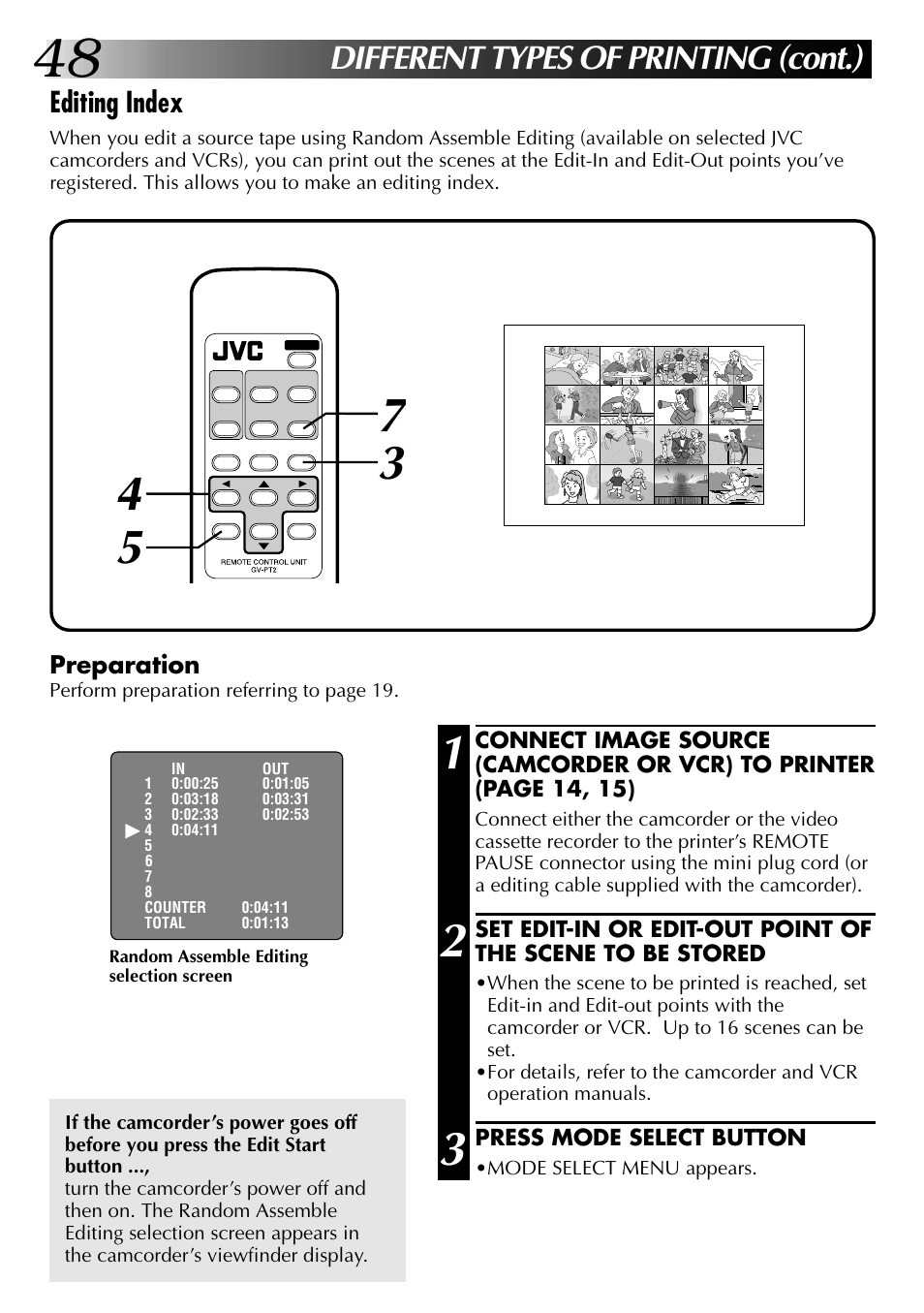 Different types of printing (cont.), Editing index, Preparation | JVC GV-PT2U User Manual | Page 48 / 76