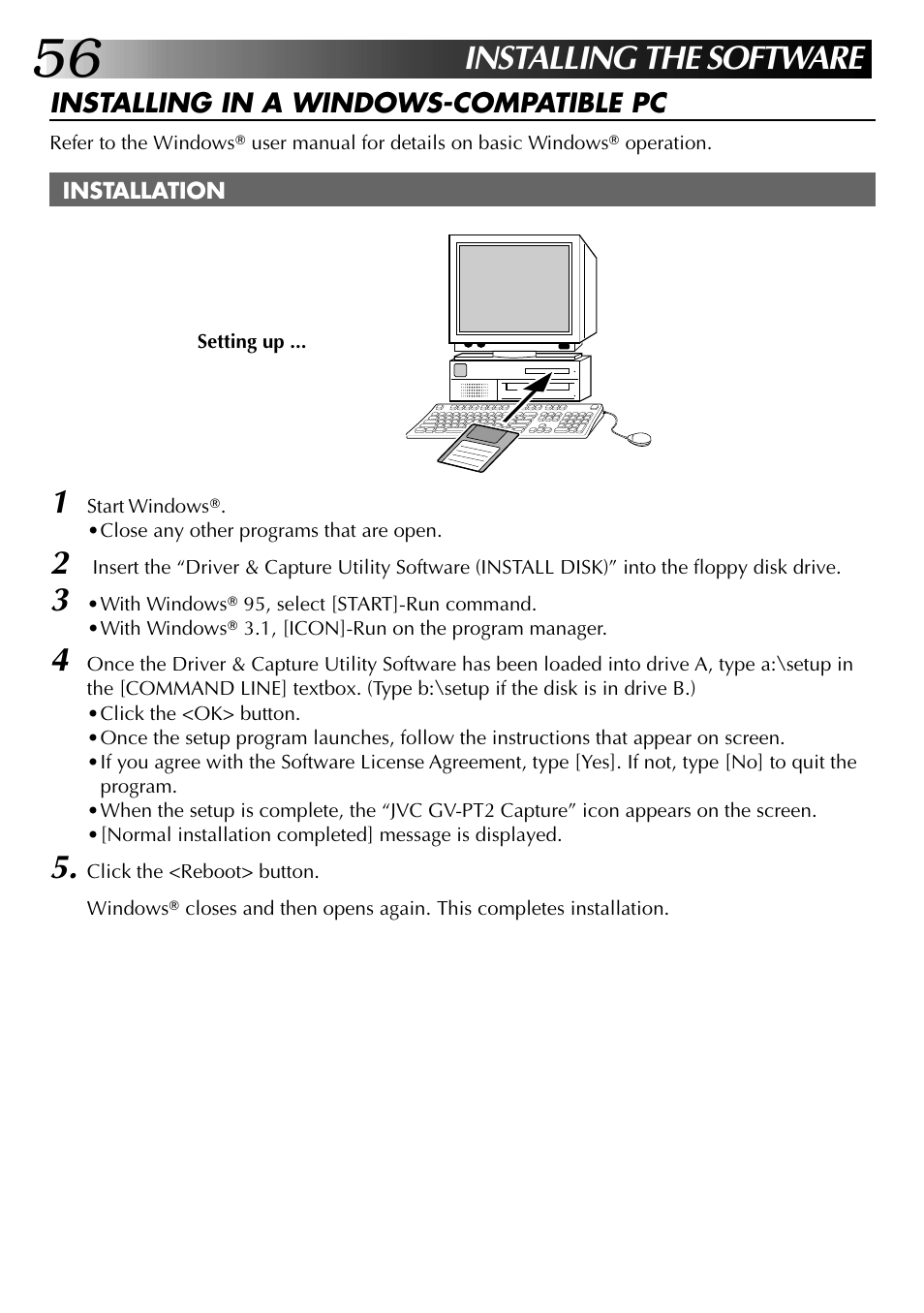 Installing the software | JVC GV-PT2U User Manual | Page 56 / 76