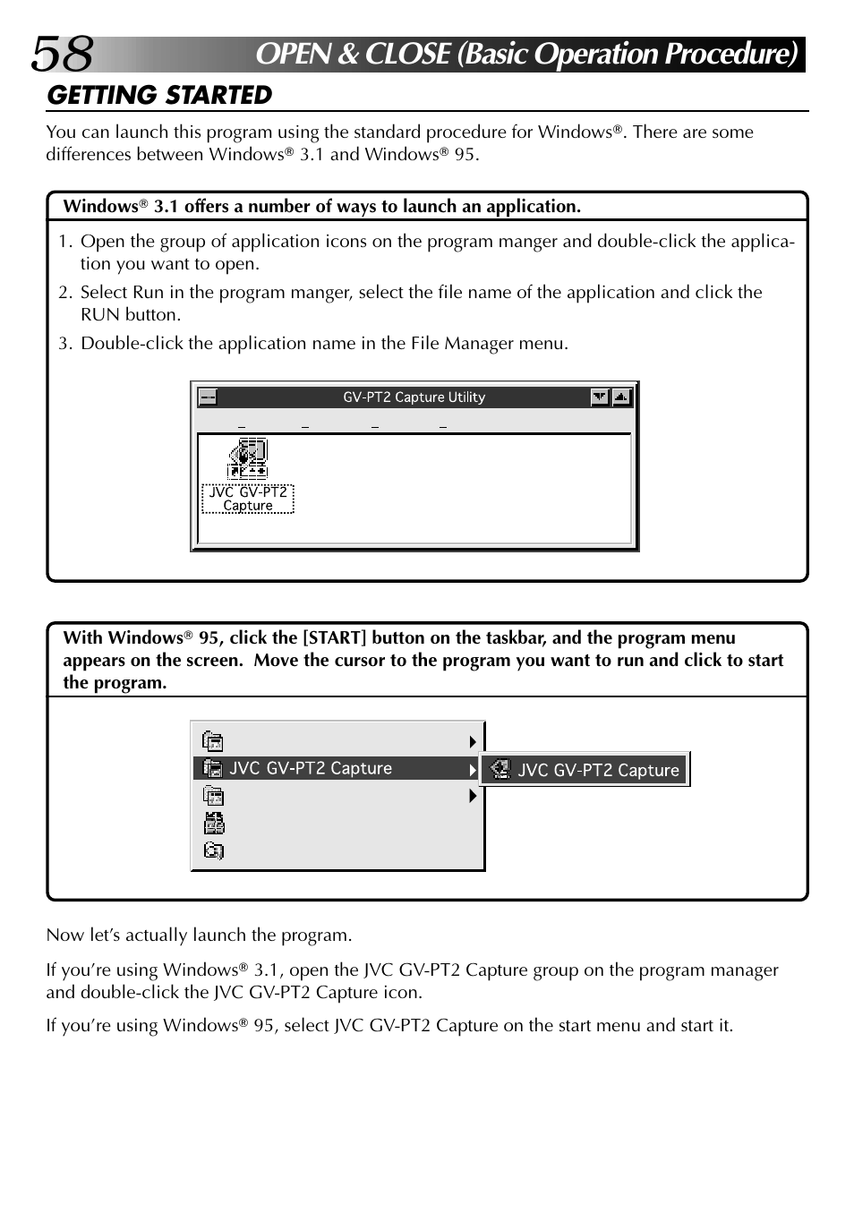 Open & close (basic operation procedure), Getting started | JVC GV-PT2U User Manual | Page 58 / 76