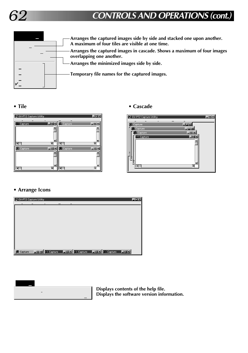 Controls and operations (cont.), Tile • cascade • arrange icons | JVC GV-PT2U User Manual | Page 62 / 76