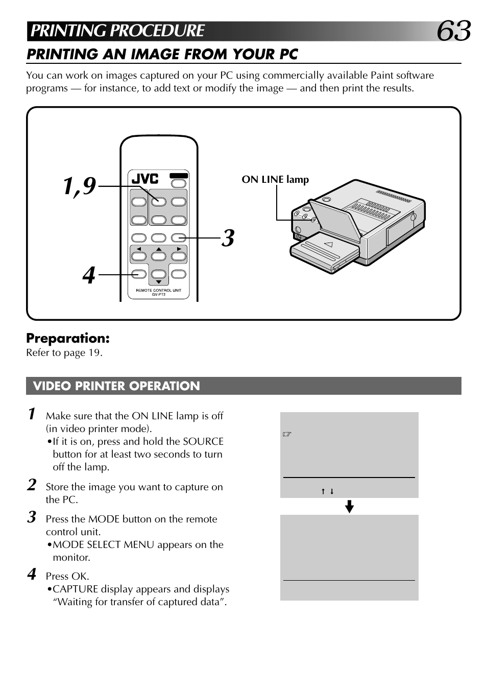 Printing procedure, Printing an image from your pc, Preparation | JVC GV-PT2U User Manual | Page 63 / 76