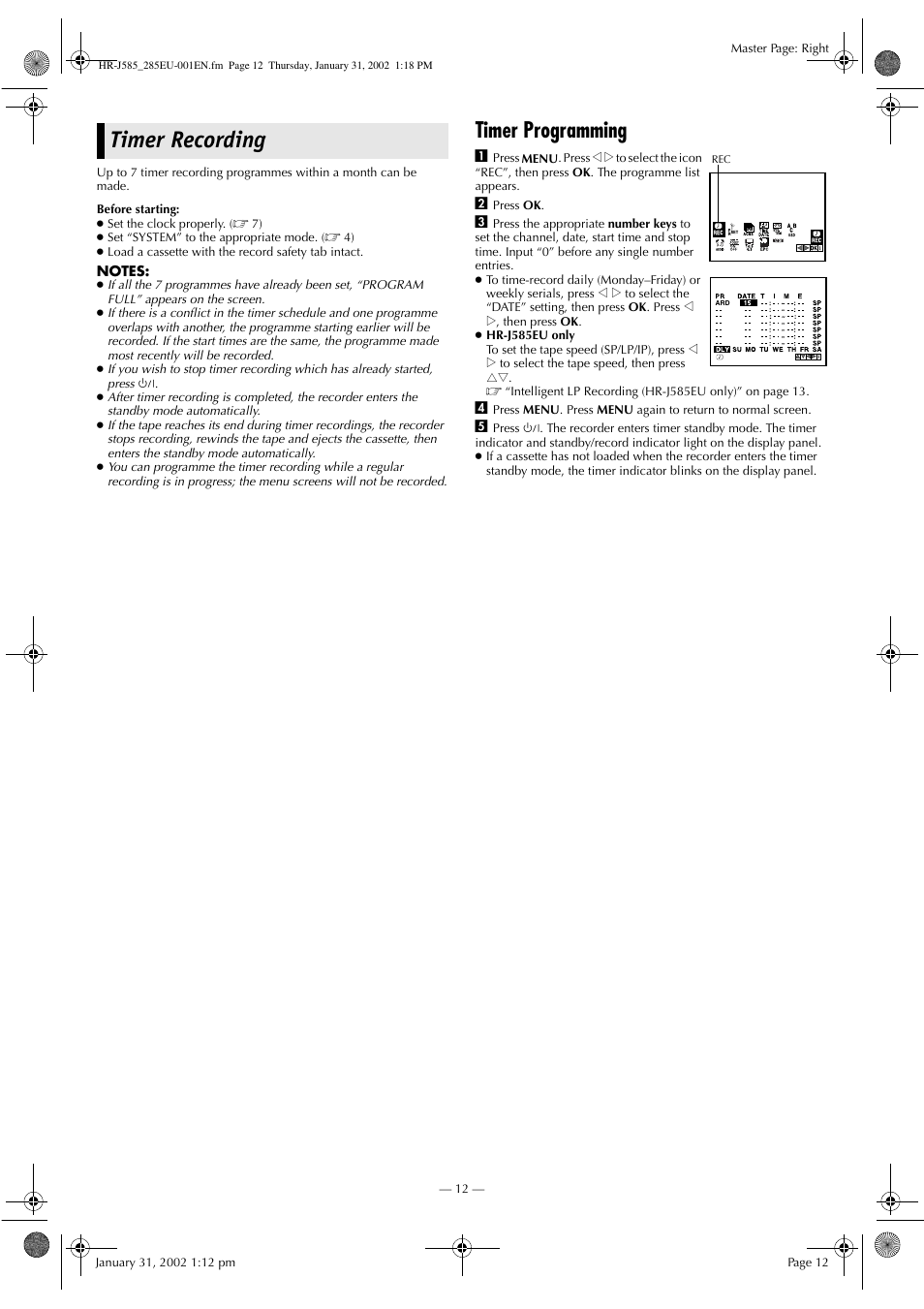 Timer recording, Timer programming | JVC HR-J585EU User Manual | Page 12 / 16