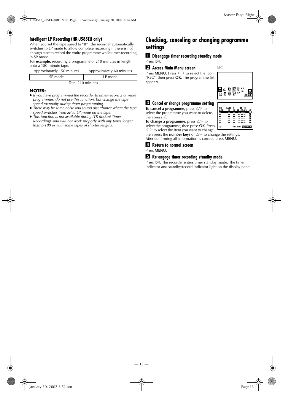 Checking, canceling or changing programme settings | JVC HR-J585EU User Manual | Page 13 / 16