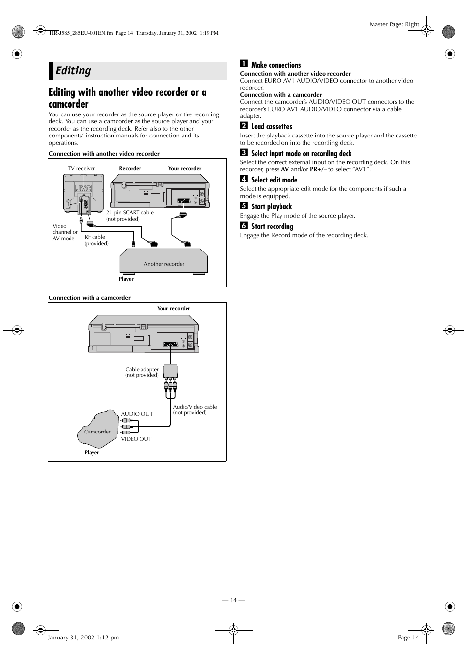 Editing, Editing with another video recorder or a camcorder | JVC HR-J585EU User Manual | Page 14 / 16