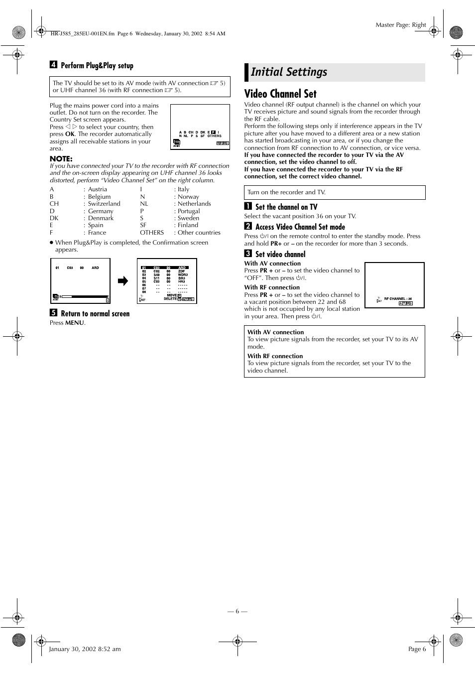 Initial settings, Video channel set | JVC HR-J585EU User Manual | Page 6 / 16