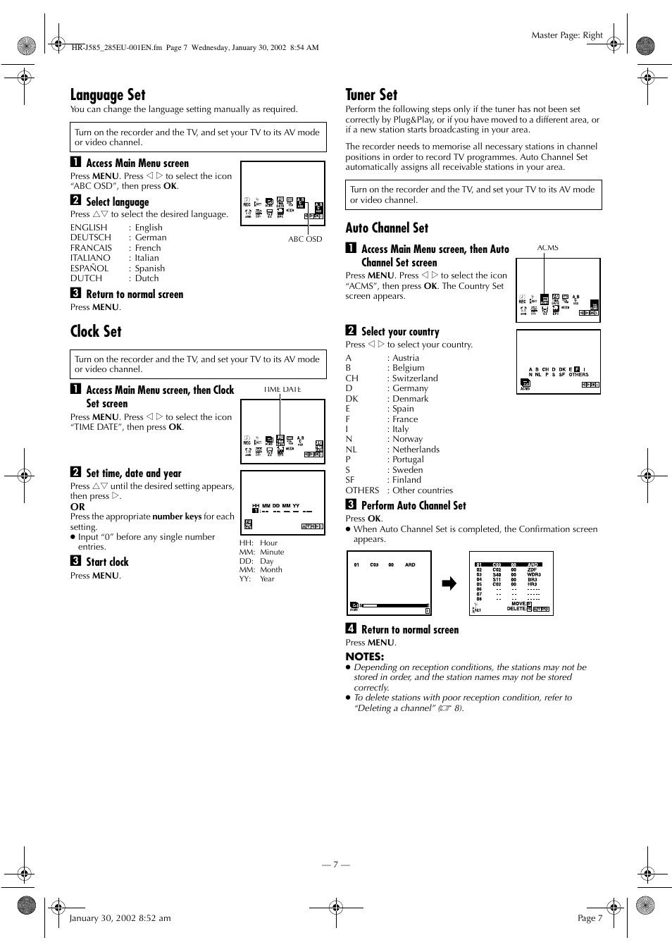 Language set, Clock set, Tuner set | Auto channel set a | JVC HR-J585EU User Manual | Page 7 / 16