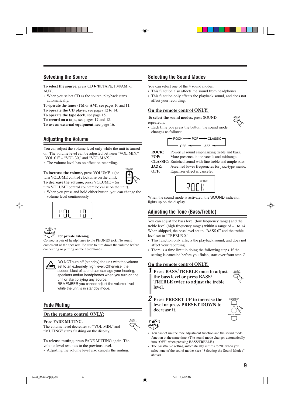 Selecting the source, Adjusting the volume, Fade muting | Selecting the sound modes, Adjusting the tone (bass/treble) | JVC CA-FSH100 User Manual | Page 11 / 28