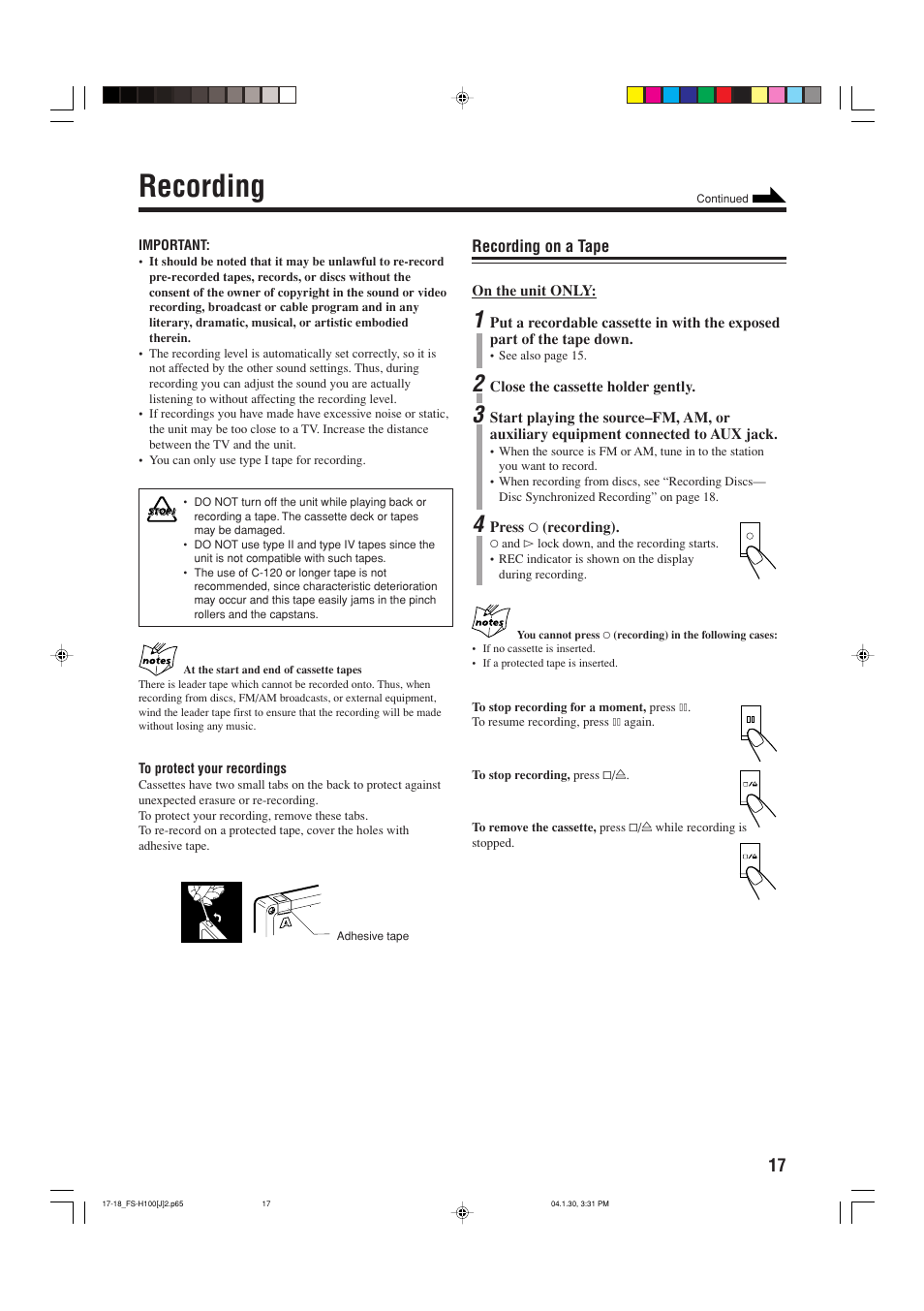 Recording | JVC CA-FSH100 User Manual | Page 19 / 28