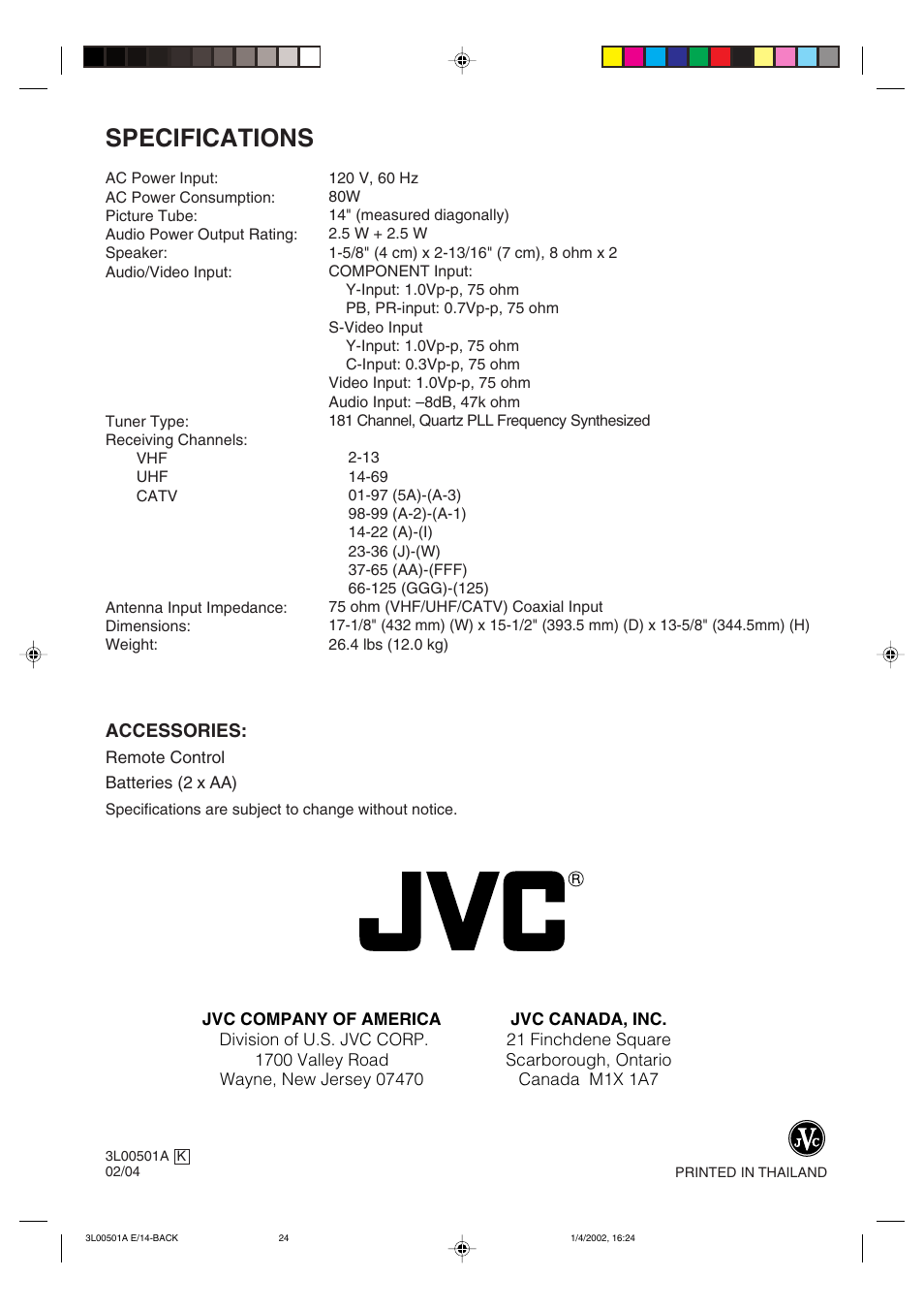 Specifications | JVC AV-14F703 User Manual | Page 24 / 24