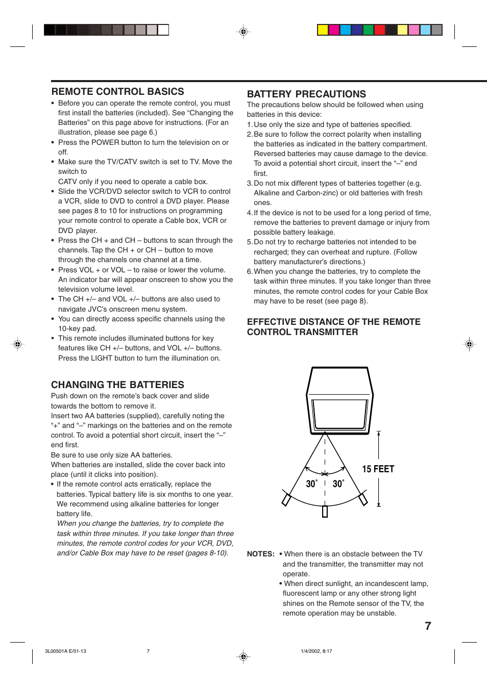 Battery precautions, Changing the batteries, Remote control basics | JVC AV-14F703 User Manual | Page 7 / 24