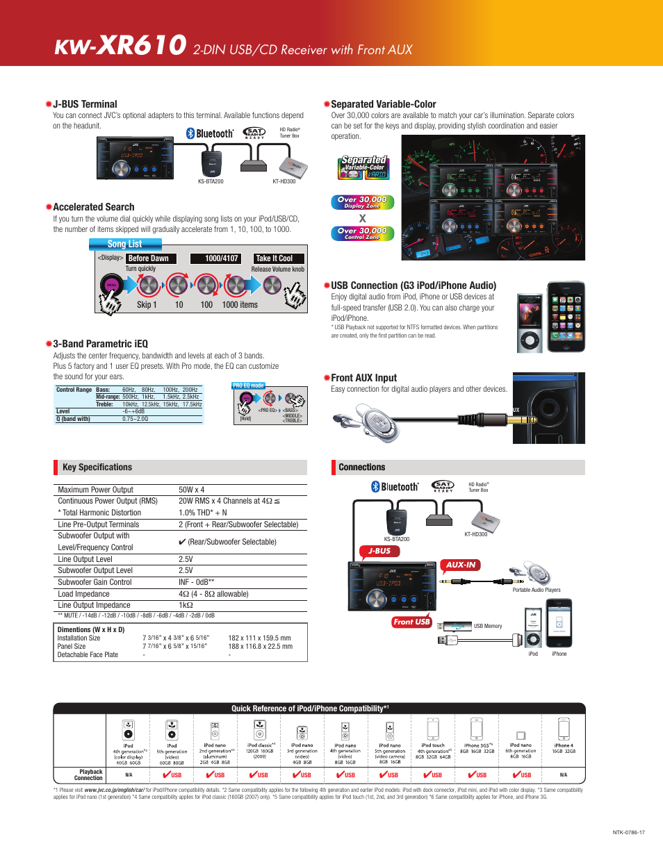 Xr610, 2011 jvc product tech guide, Kw-xr610 | C m y k, Din usb/cd receiver with front aux, Front aux input, Usb connection (g3 ipod/iphone audio), Separated, Separated variable-color, Accelerated search | JVC KW-XR610 User Manual | Page 2 / 2