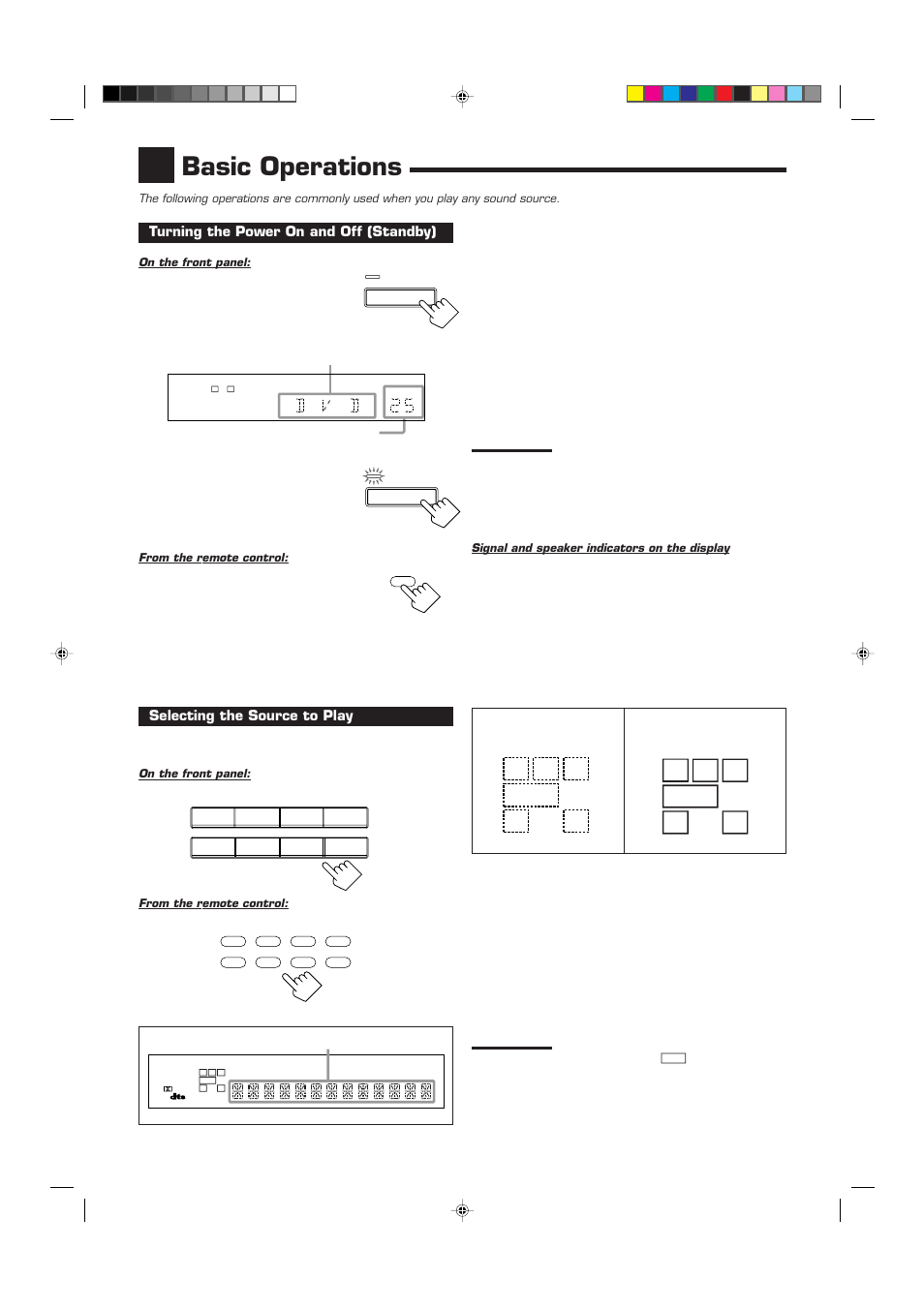 Basic operations, Rc l, Turning the power on and off (standby) | Selecting the source to play, S.wfr ls rs s lfe | JVC RX-7010VBK User Manual | Page 13 / 46