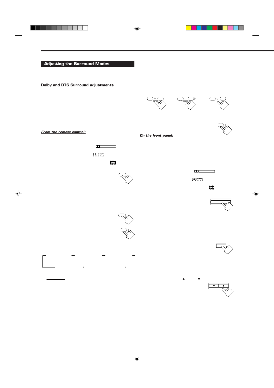 Adjusting the surround modes, Select and play a sound source, Press sound | Press test to check the speaker output balance, Adjust the speaker output levels, Press test again to stop the test tone | JVC RX-7010VBK User Manual | Page 26 / 46