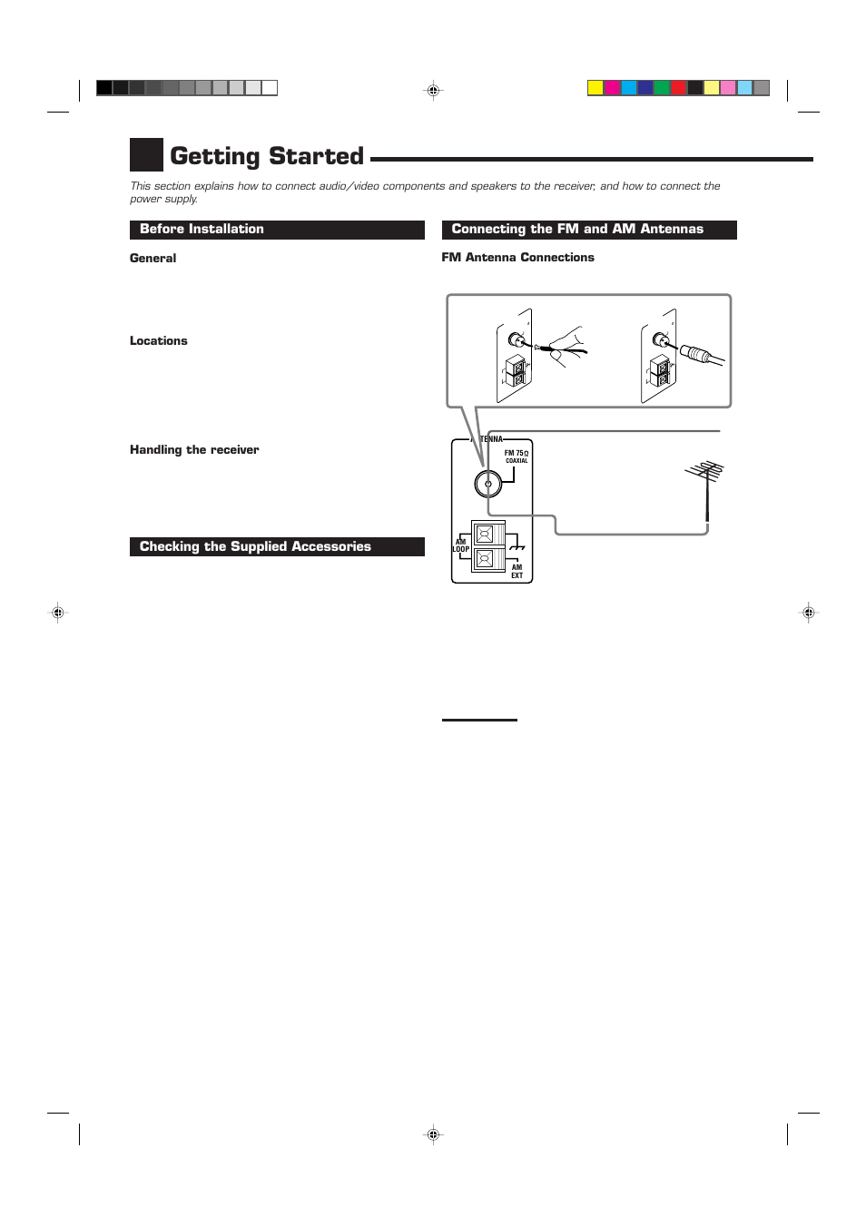 Getting started, Before installation, Checking the supplied accessories | Connecting the fm and am antennas | JVC RX-7010VBK User Manual | Page 6 / 46