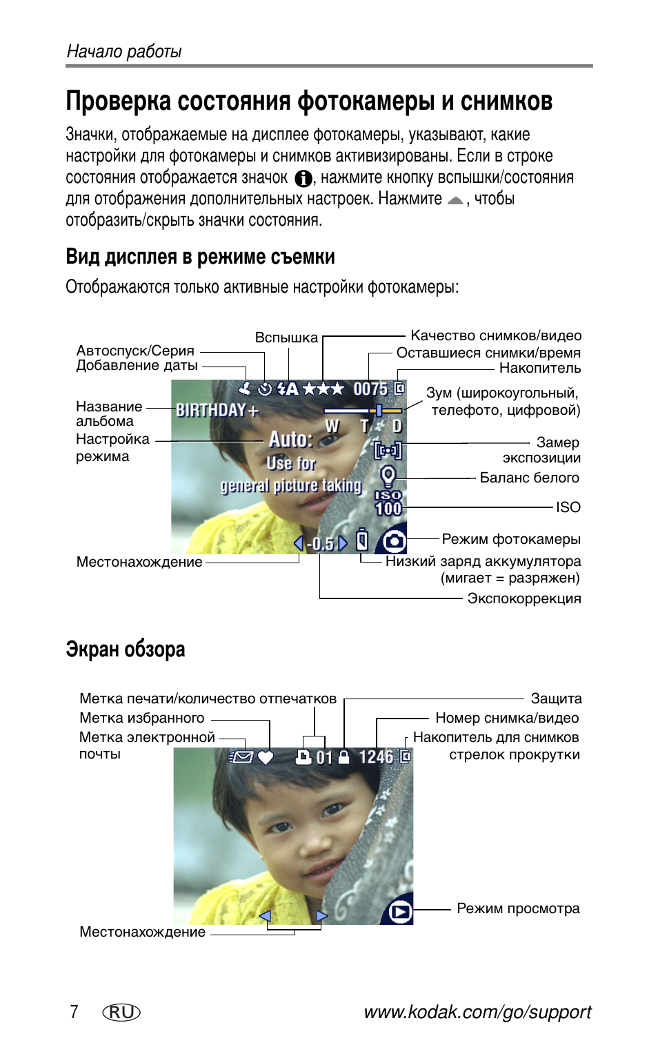 Проверка состояния фотокамеры и снимков, Вид дисплея в режиме съемки, Экран обзора | Kodak CX7530 User Manual | Page 14 / 83