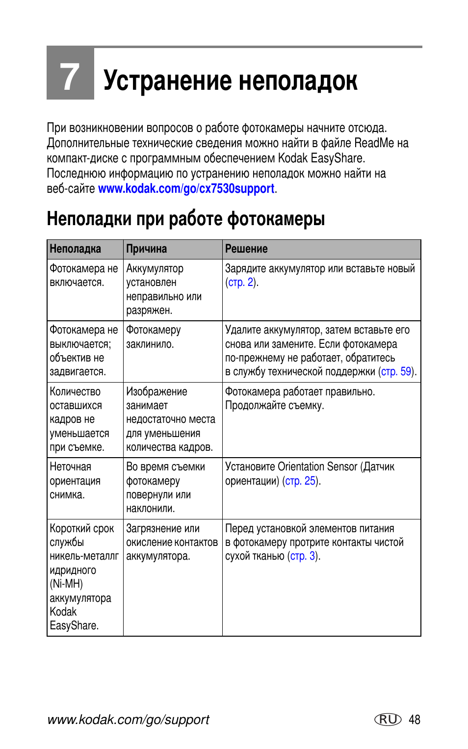 7 устранение неполадок, Неполадки при работе фотокамеры | Kodak CX7530 User Manual | Page 55 / 83