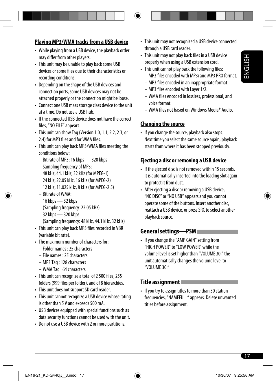 English, General settings—psm, Title assignment | JVC KD-G440 User Manual | Page 17 / 62