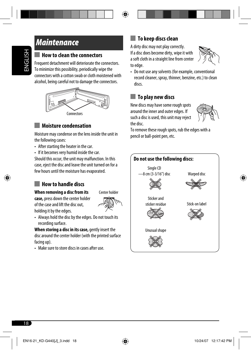 Maintenance, English, How to clean the connectors | Moisture condensation, How to handle discs | JVC KD-G440 User Manual | Page 18 / 62