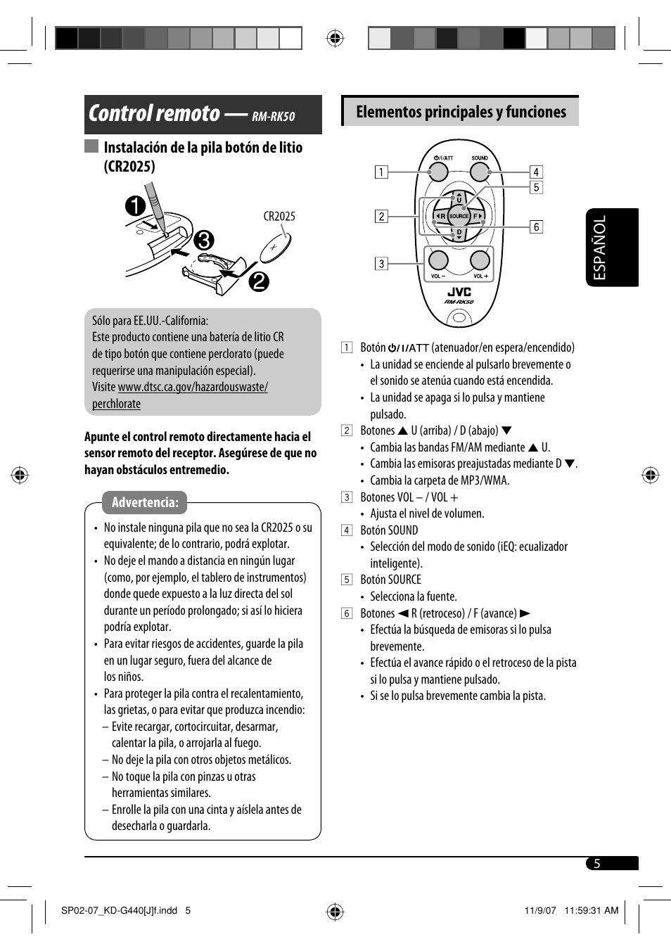 Control remoto, Elementos principales y funciones, Español | Instalación de la pila botón de litio (cr2025) | JVC KD-G440 User Manual | Page 25 / 62