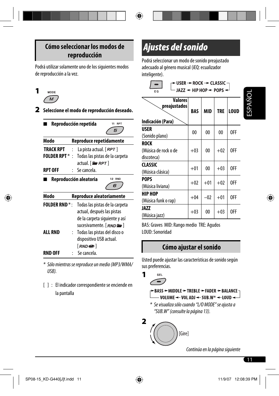 Ajustes del sonido, Cómo ajustar el sonido, Cómo seleccionar los modos de reproducción | Español | JVC KD-G440 User Manual | Page 31 / 62