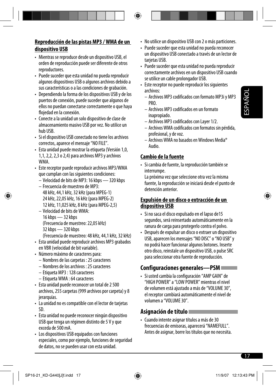 Español, Configuraciones generales—psm, Asignación de título | JVC KD-G440 User Manual | Page 37 / 62
