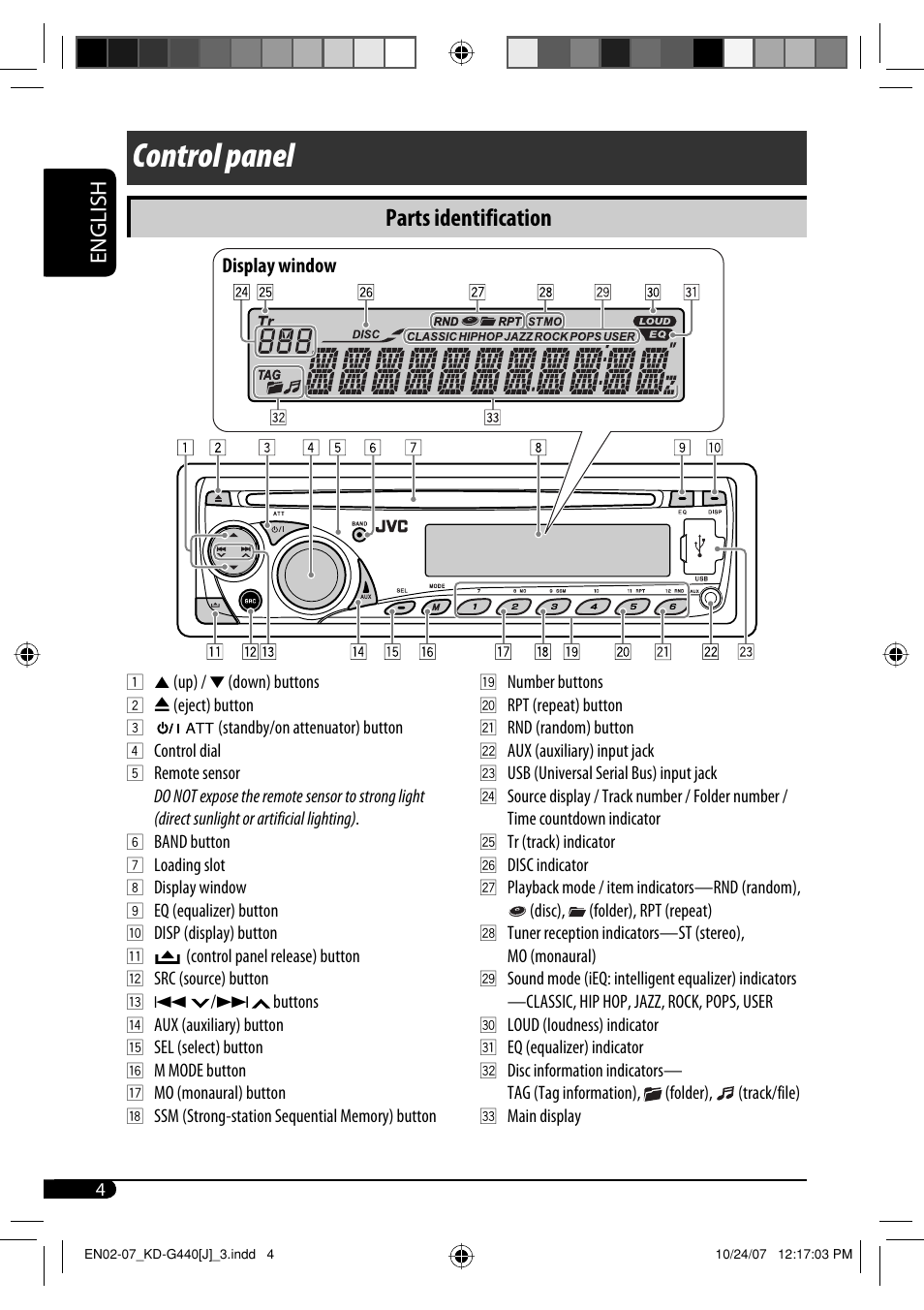 Control panel, Parts identification, English | JVC KD-G440 User Manual | Page 4 / 62