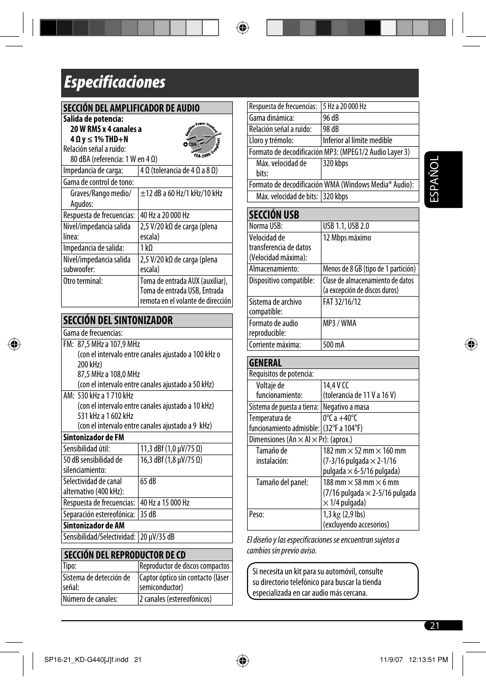 Especificaciones, Español, Sección del sintonizador | Sección usb | JVC KD-G440 User Manual | Page 41 / 62