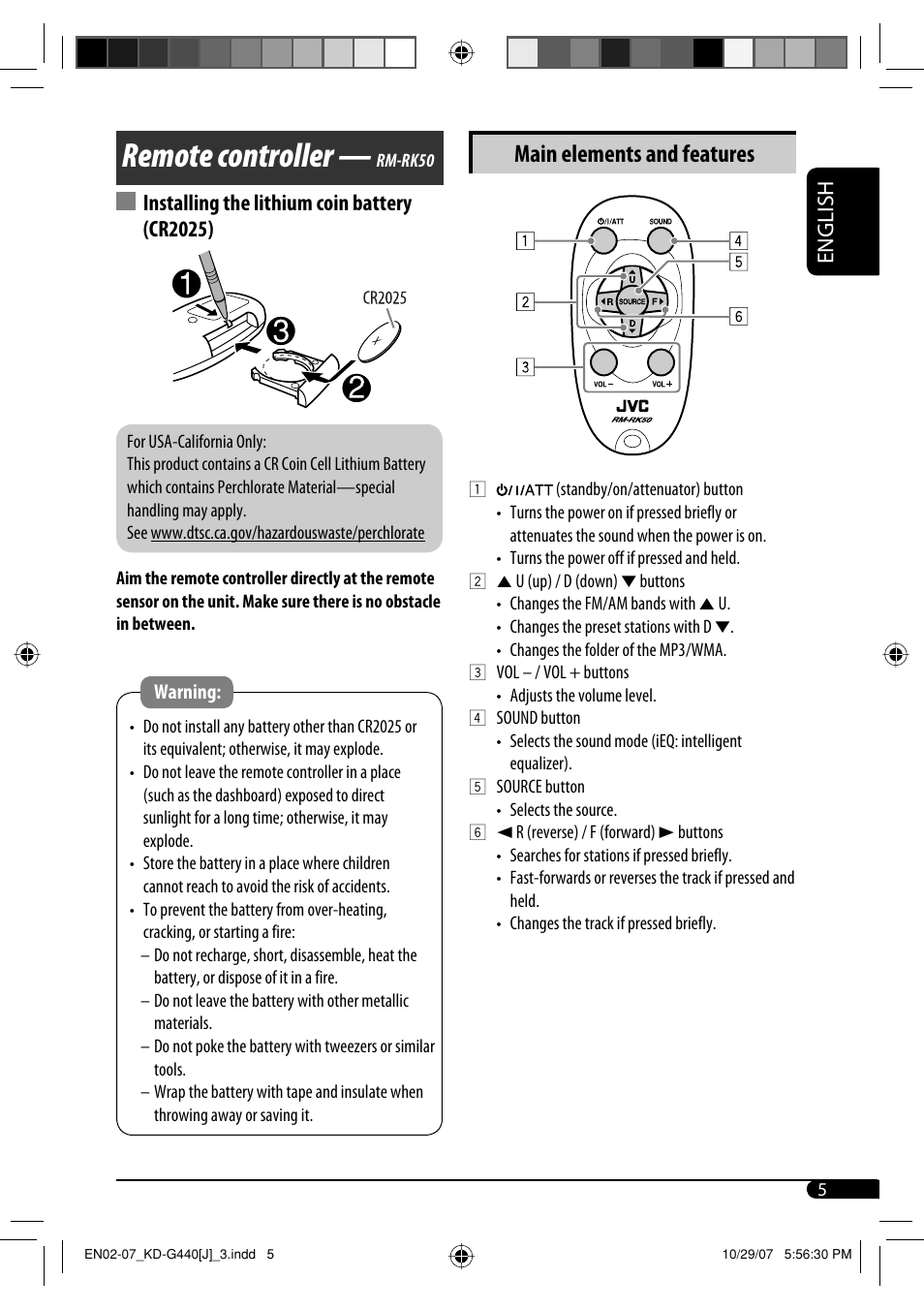 Remote controller, Main elements and features, English | Installing the lithium coin battery (cr2025) | JVC KD-G440 User Manual | Page 5 / 62