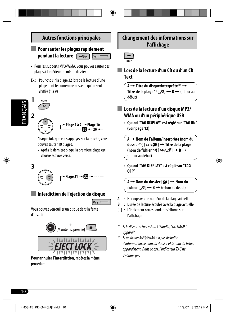 Changement des informations sur l’affichage, Autres fonctions principales, Français | Lors de la lecture d’un cd ou d’un cd text, Interdiction de l’éjection du disque | JVC KD-G440 User Manual | Page 50 / 62