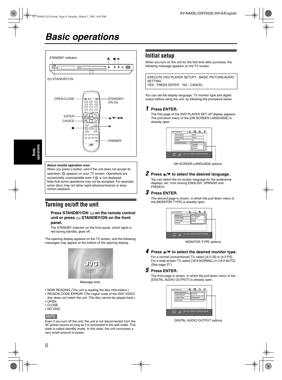 Basic operations, Turning on/off the unit, Initial setup | Press enter, Press 5 / ∞ to select the desired language, Press 5 / ∞ to select the desired monitor type | JVC XV-N44SL User Manual | Page 10 / 40