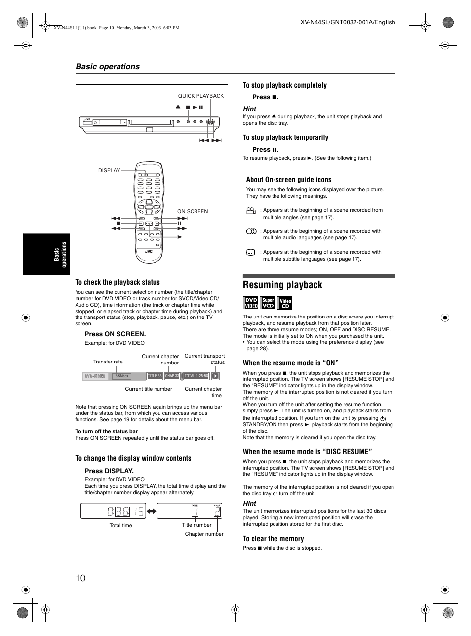 Resuming playback, Basic operations | JVC XV-N44SL User Manual | Page 12 / 40