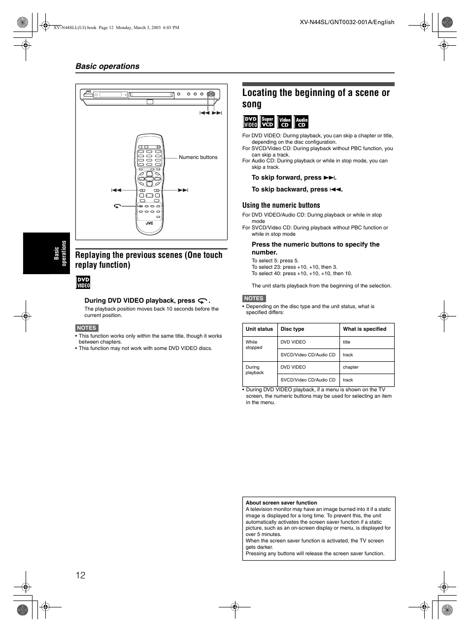 Locating the beginning of a scene or song, Basic operations | JVC XV-N44SL User Manual | Page 14 / 40