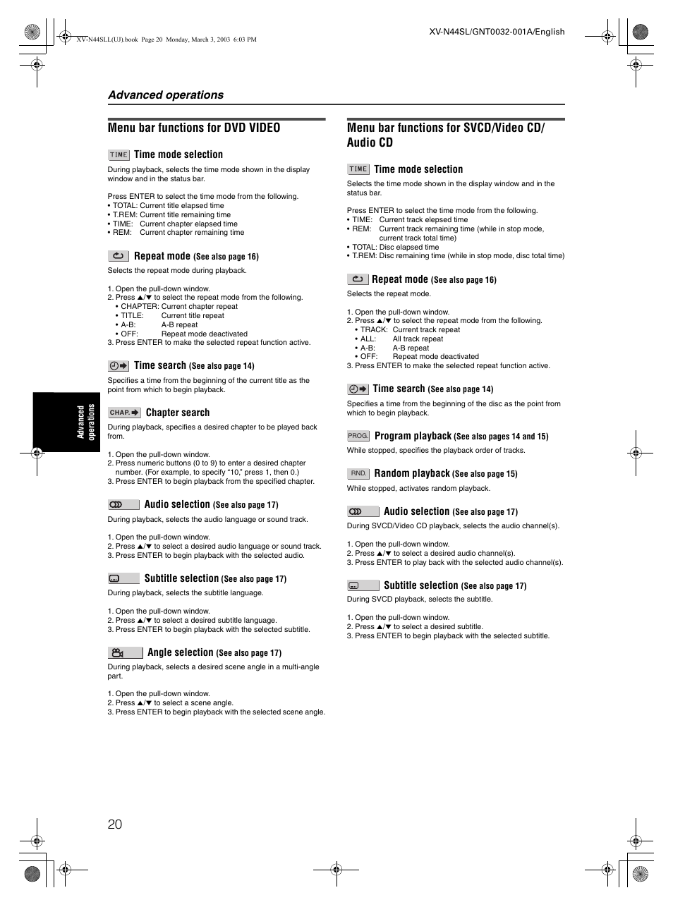Menu bar functions for dvd video, Menu bar functions for svcd/video cd/ audio cd, Advanced operations | JVC XV-N44SL User Manual | Page 22 / 40