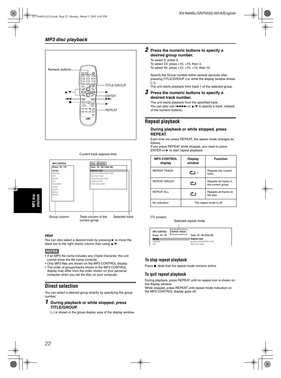 Direct selection, Repeat playback, Mp3 disc playback | JVC XV-N44SL User Manual | Page 24 / 40