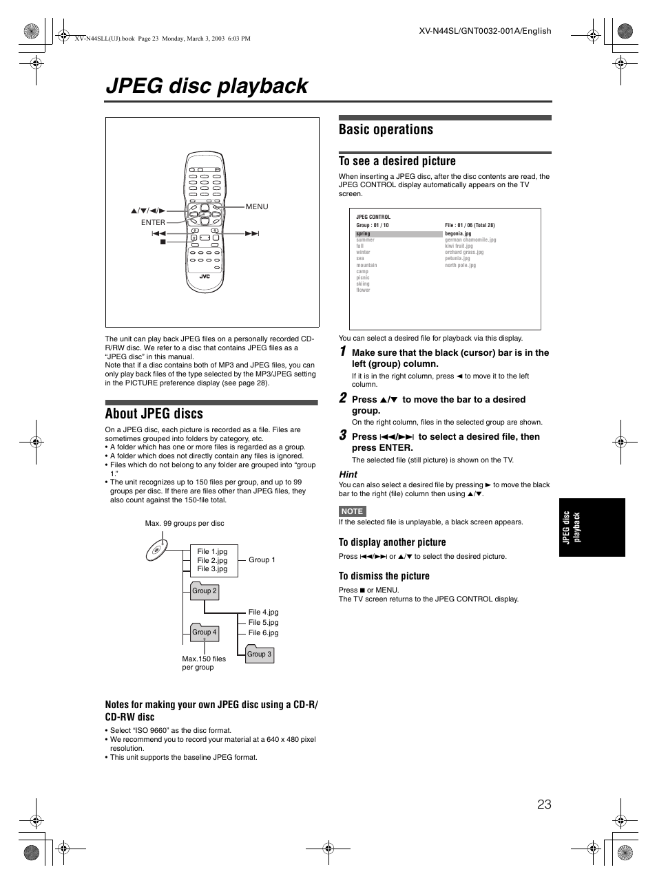 Jpeg disc playback, About jpeg discs, Basic operations | JVC XV-N44SL User Manual | Page 25 / 40