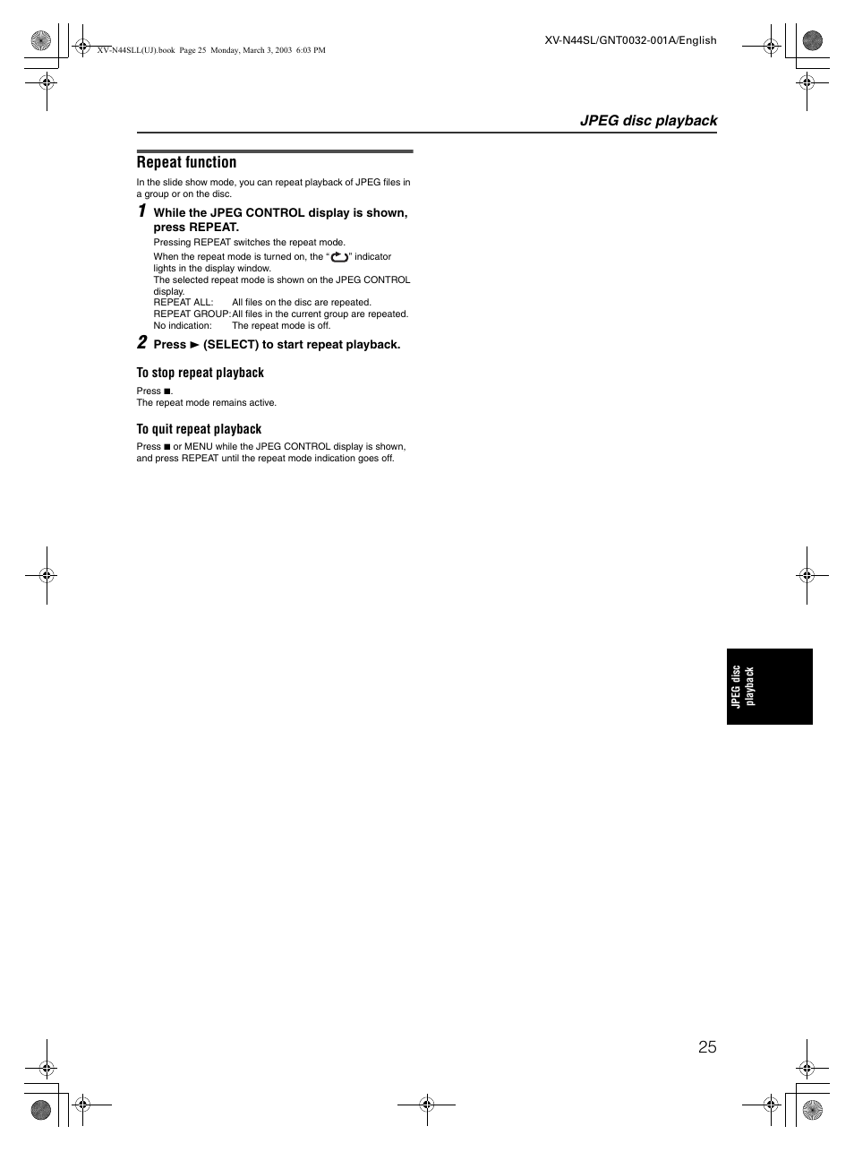 Repeat function, Jpeg disc playback | JVC XV-N44SL User Manual | Page 27 / 40