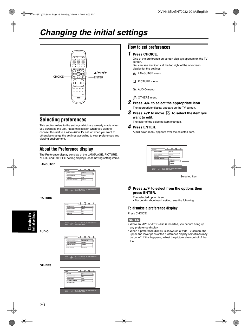 Changing the initial settings, Selecting preferences, About the preference display | How to set preferences, Press choice, Press 2 / 3 to select the appropriate icon, Press enter | JVC XV-N44SL User Manual | Page 28 / 40