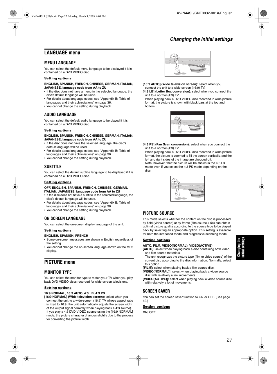 Language menu, Picture menu, Changing the initial settings | JVC XV-N44SL User Manual | Page 29 / 40