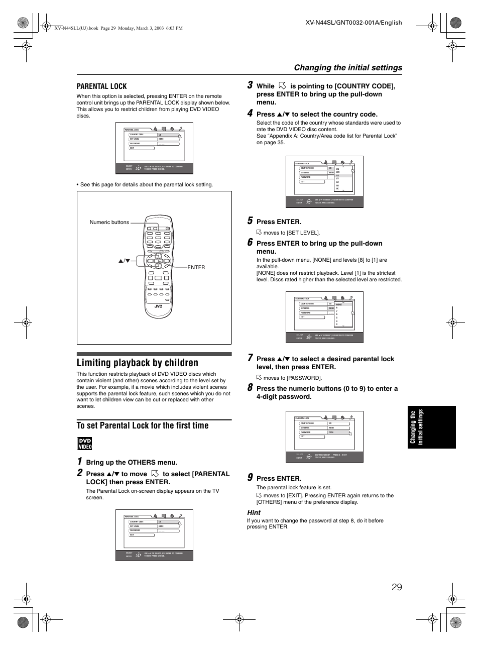 Limiting playback by children, Changing the initial settings, Parental lock | Bring up the others menu, Press 5 / ∞ to select the country code, Press enter, Press enter to bring up the pull-down menu, Hint | JVC XV-N44SL User Manual | Page 31 / 40