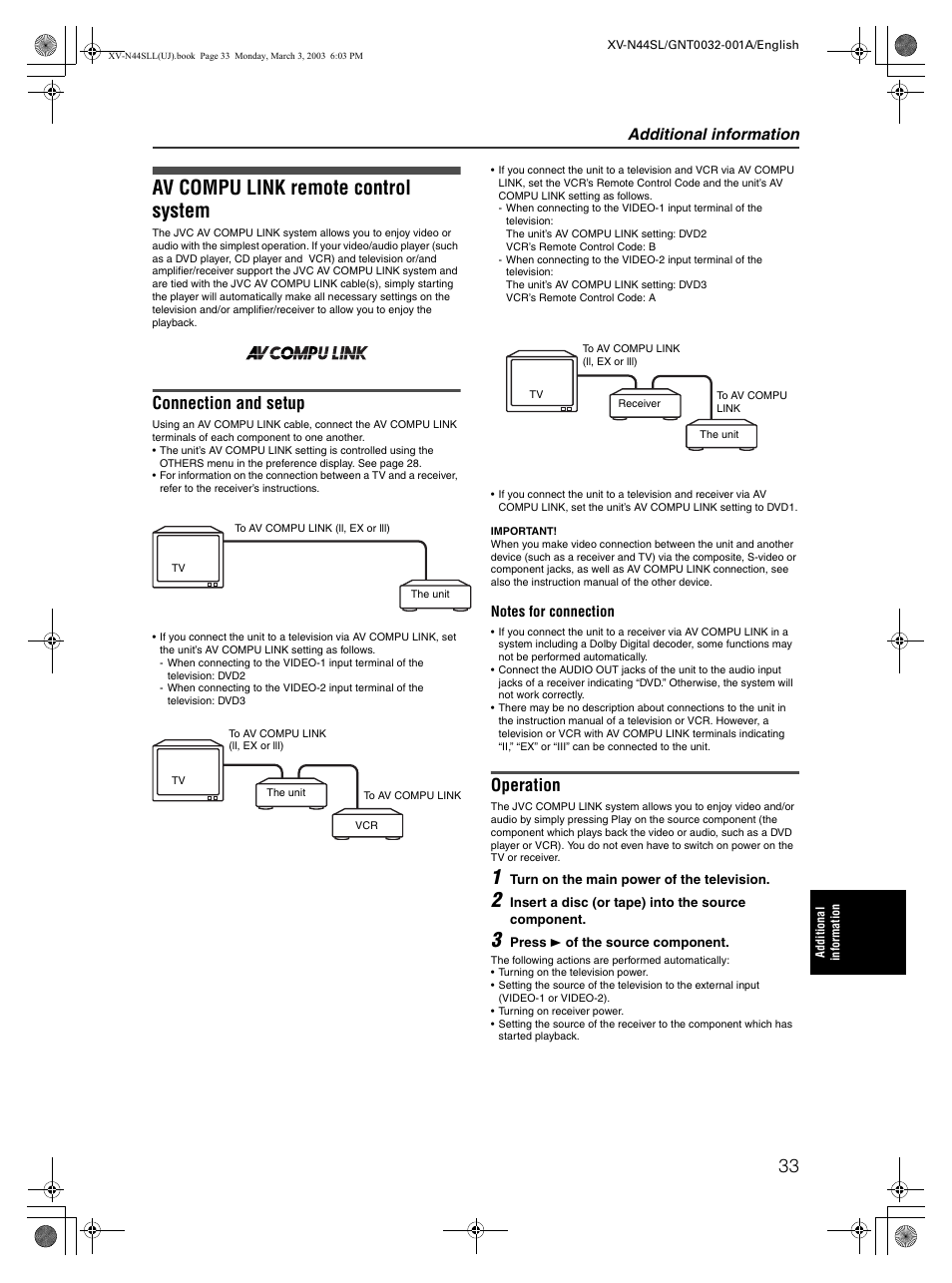 Av compu link remote control system, Connection and setup, Operation | Additional information | JVC XV-N44SL User Manual | Page 35 / 40