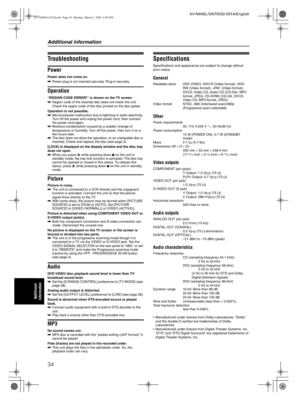 Troubleshooting, Specifications, Power | Operation, Picture, Audio, Additional information | JVC XV-N44SL User Manual | Page 36 / 40