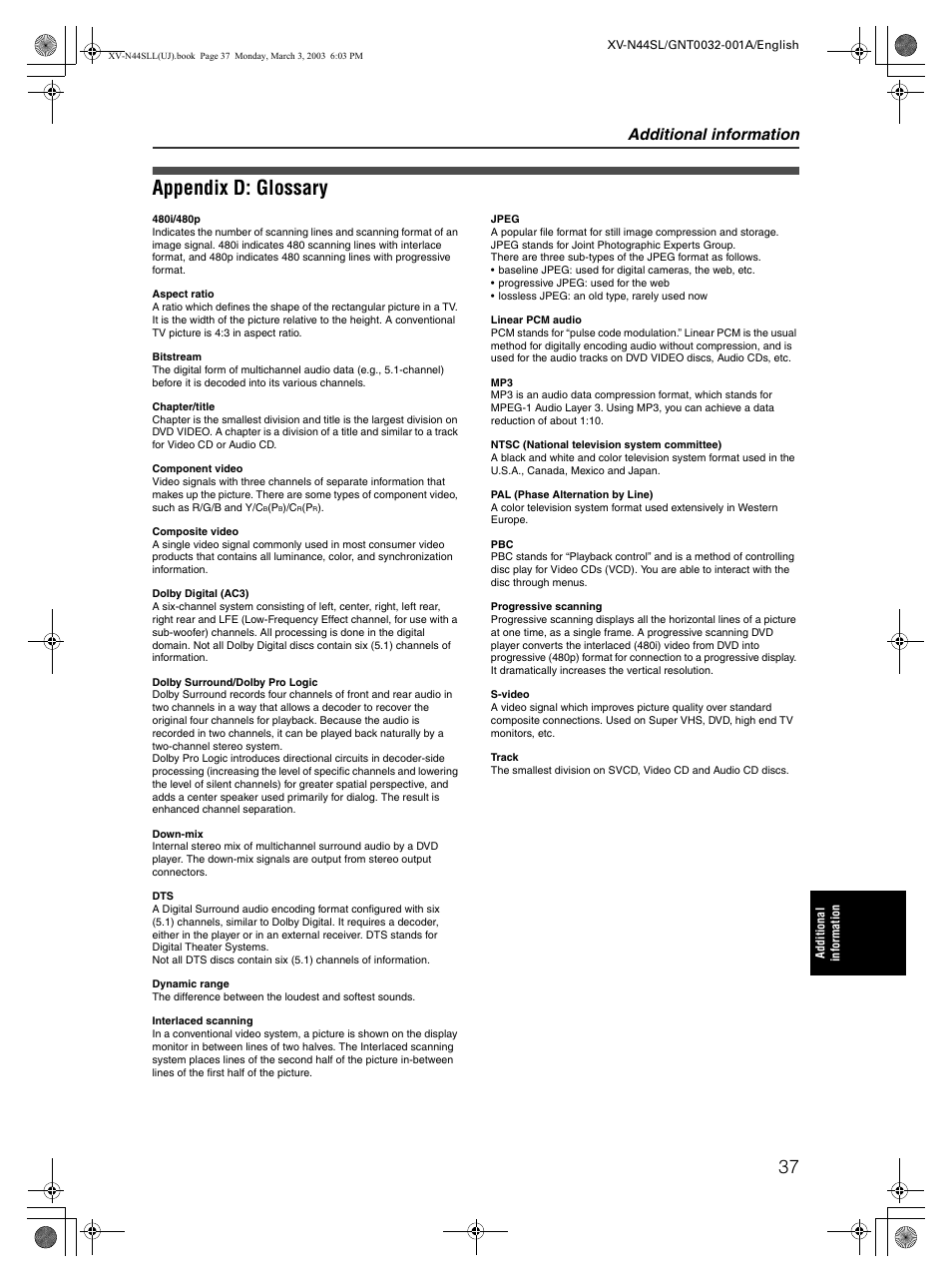 Appendix d: glossary, Additional information | JVC XV-N44SL User Manual | Page 39 / 40