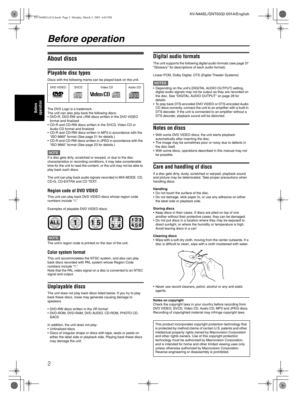 Before operation, About discs, Playable disc types | Unplayable discs, Digital audio formats, Care and handling of discs | JVC XV-N44SL User Manual | Page 4 / 40