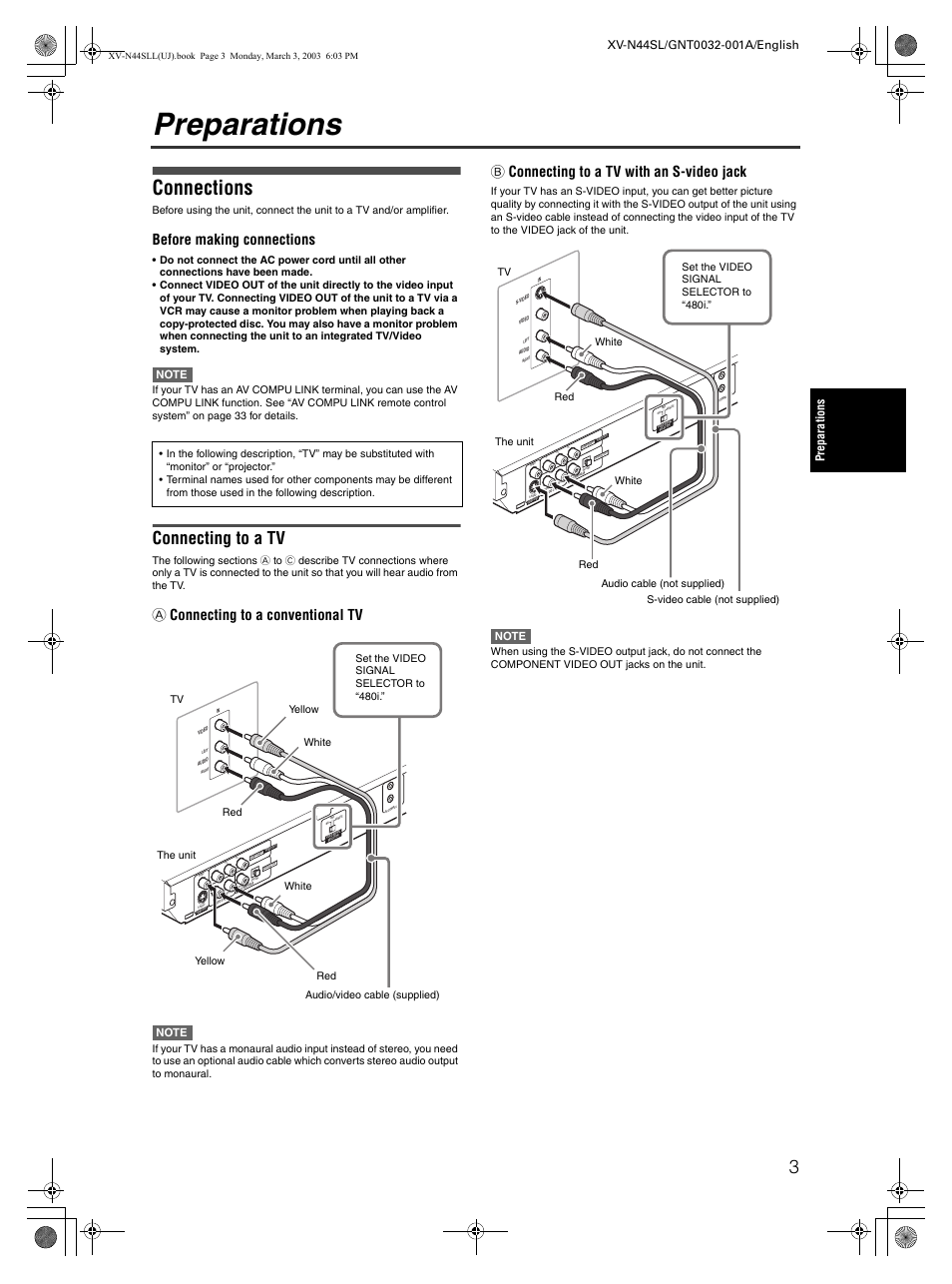 Preparations, Connections, Connecting to a tv | Before making connections, A connecting to a conventional tv, B connecting to a tv with an s-video jack | JVC XV-N44SL User Manual | Page 5 / 40