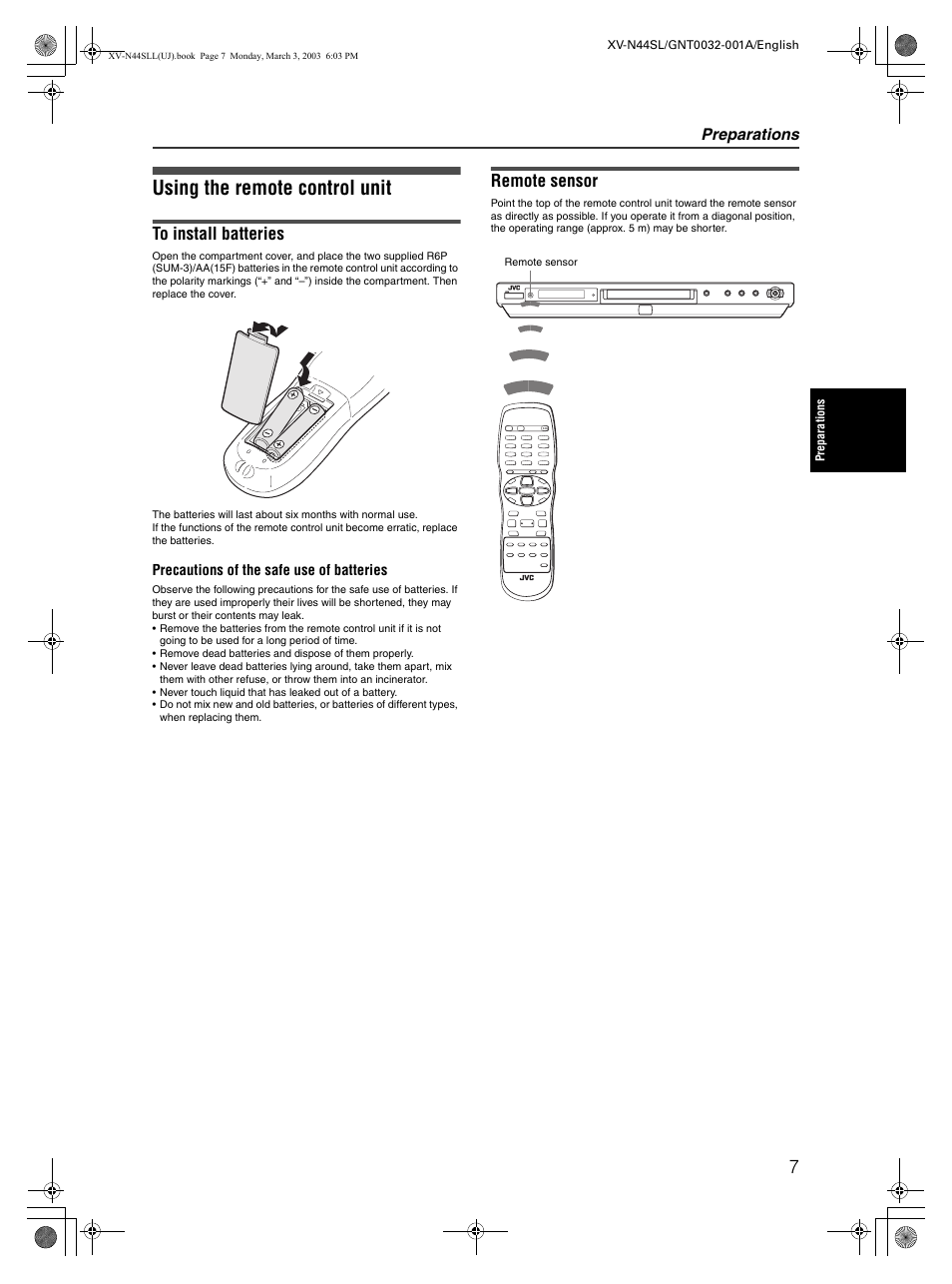 Using the remote control unit, Remote sensor, Preparations | JVC XV-N44SL User Manual | Page 9 / 40