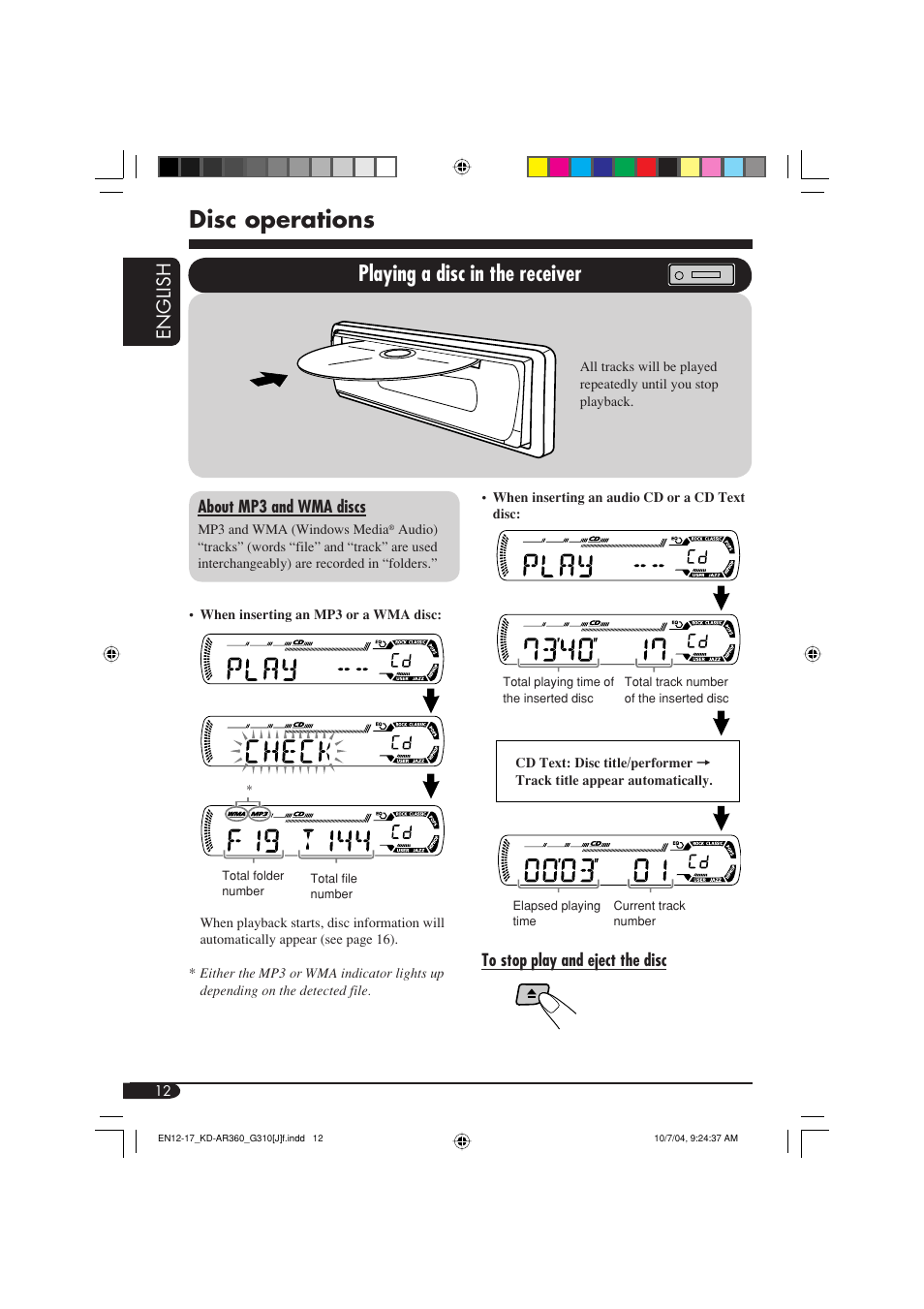 Disc operations, Playing a disc in the receiver, English | JVC KD-G310 User Manual | Page 12 / 98